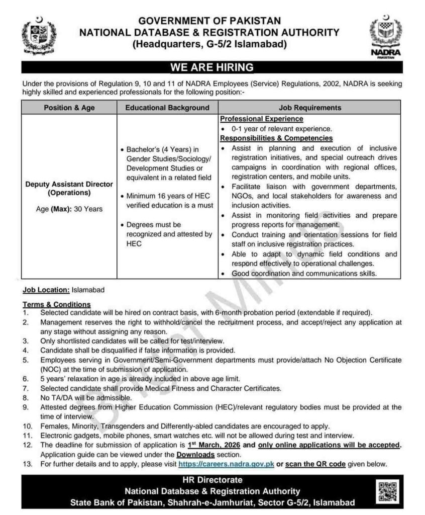 Deputy Assitant Director NADRA Jobs 2026
