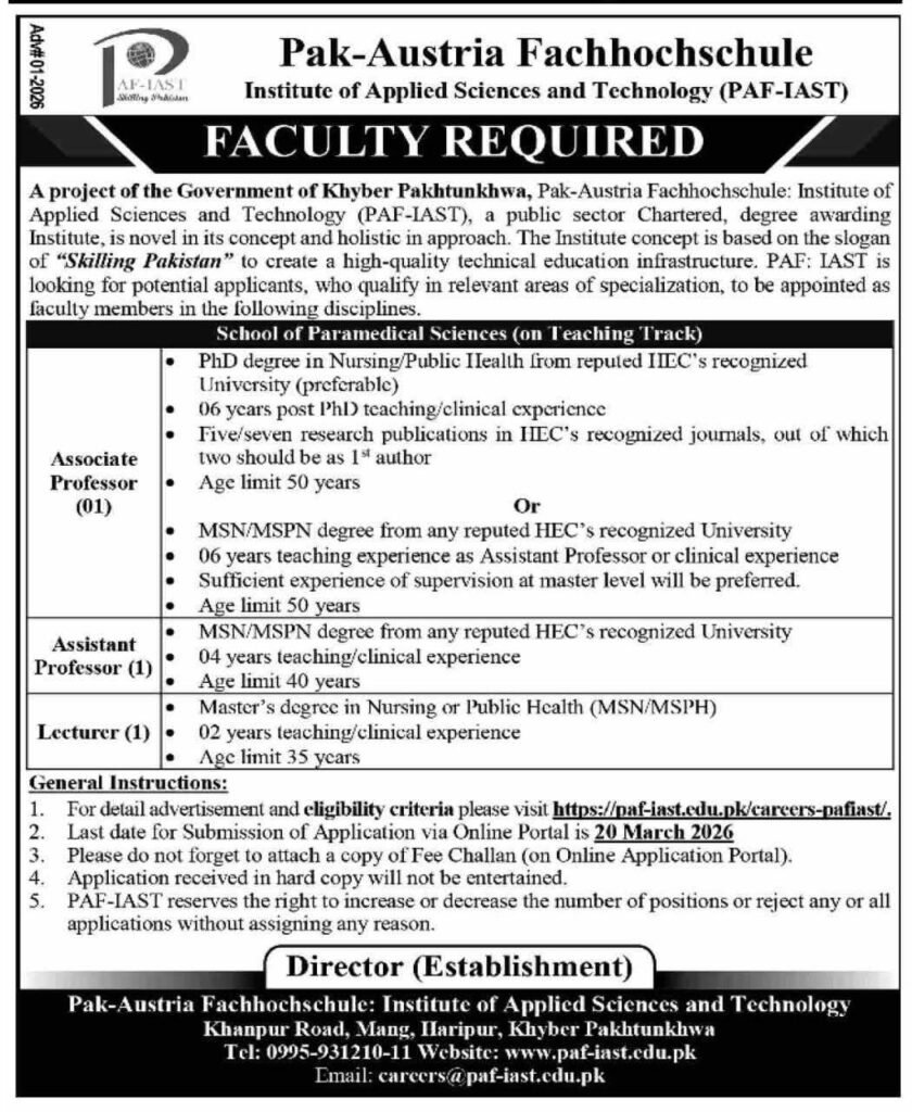 Faculty Required in Pak Austria Fachhochschule Institute of Applied Sciences and Technology (PAF-IAST) for associate professor, assistant professor and lecturer