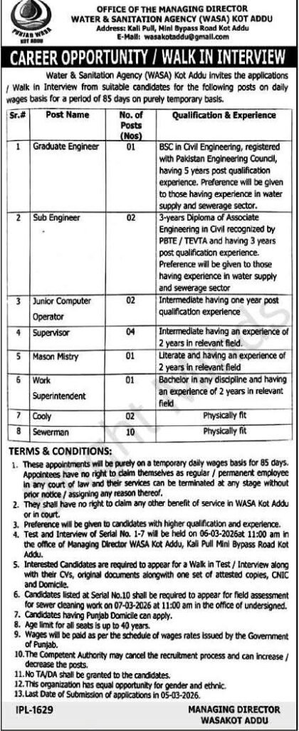 Graduate Engineer, Sub Engineer, Junior Computer Operator, Supervisor, Mason Mistry, Work Superitendent, Cooly, Sewerman jobs availble in WASA Kot Addu 2026.