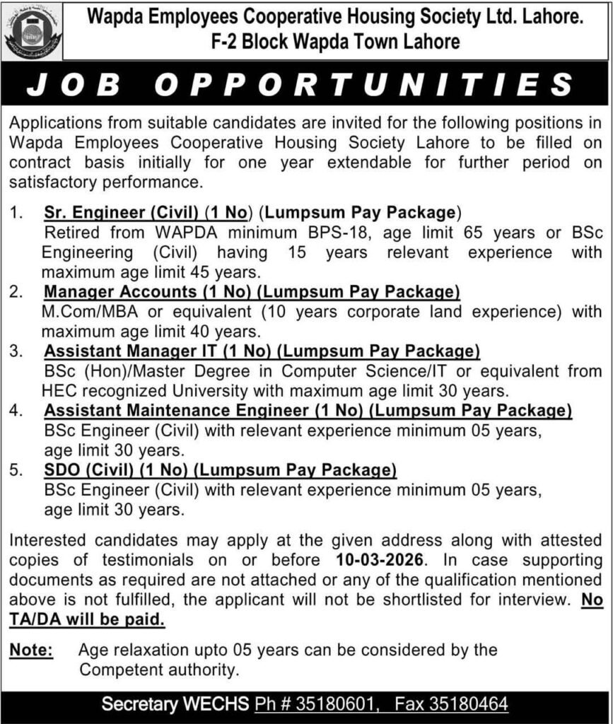 Jobs in WAPDA Housing Society Lahore 2026