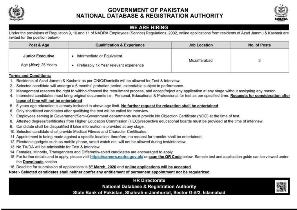Junior Executive Jobs in NADRA 2026