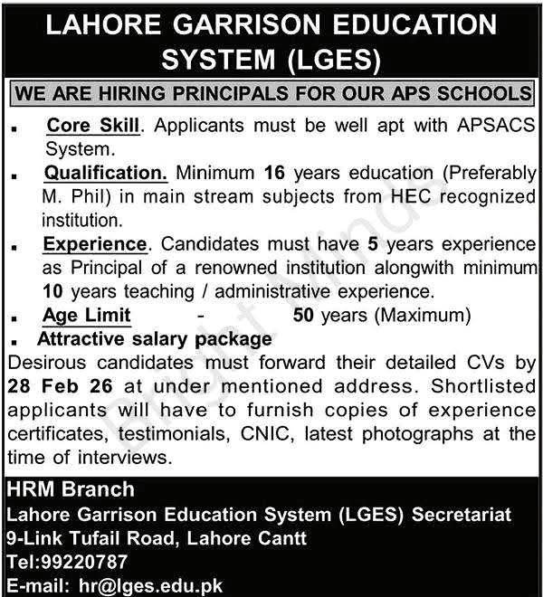 Principals Lahore Garrison Education System 2026