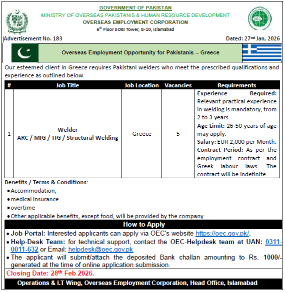 Welder (ARC / MIG / TIG / Structural Welding) jobs available in Greece for Pakistanis 2026.