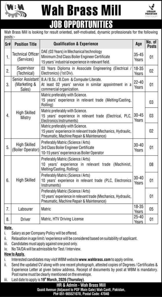 Job Opportunities in Wah Brass Mill 2026