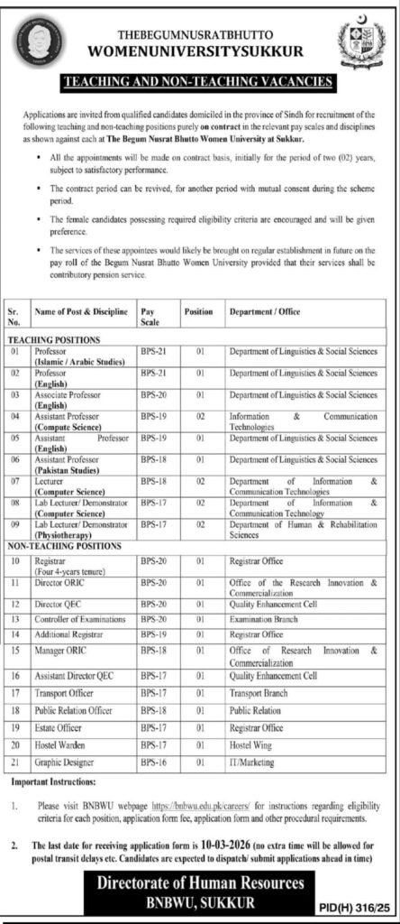 Jobs in Begum Nusrat Bhutto Women University Sukkur (BNB-WU) 2026.