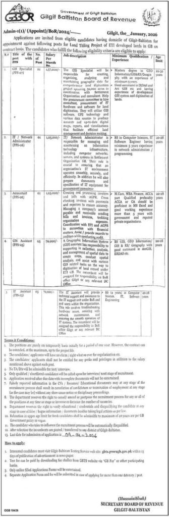 Jobs in Board of Revenue Gilgit Baltistan 2026 for IT Field
