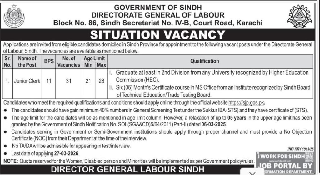 Jobs in Directorate General of Labour Sindh 2026 for Junior Clerk