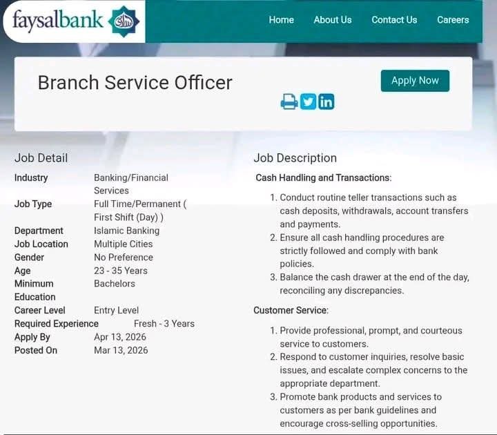 Jobs in Faysal Bank Limited as Branch Service Officer 2026