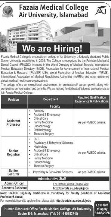 Jobs in Fazaia Medical College 2026