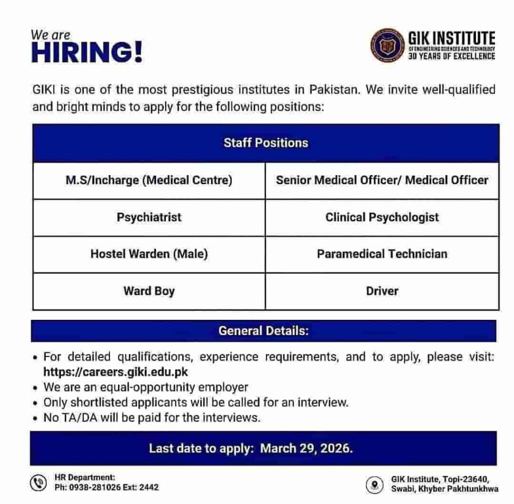 Jobs in GIKI Institute 2026