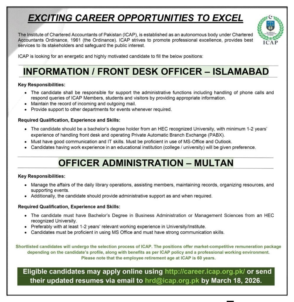 Jobs in Institue of Chartered Accountants of Pakistan 2026