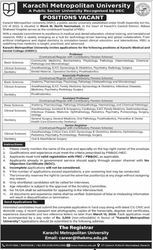 Jobs in Karachi Metropolitan University 2026