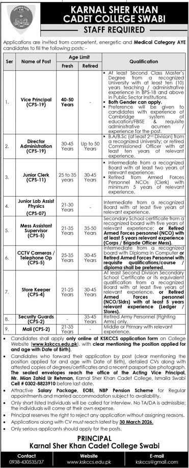 Jobs in Kernal Sher Khan Cadet College 2026