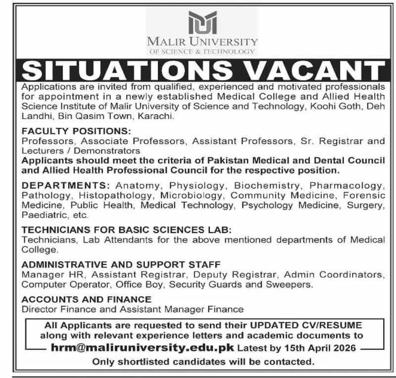 Jobs in Malir University Karachi 2026