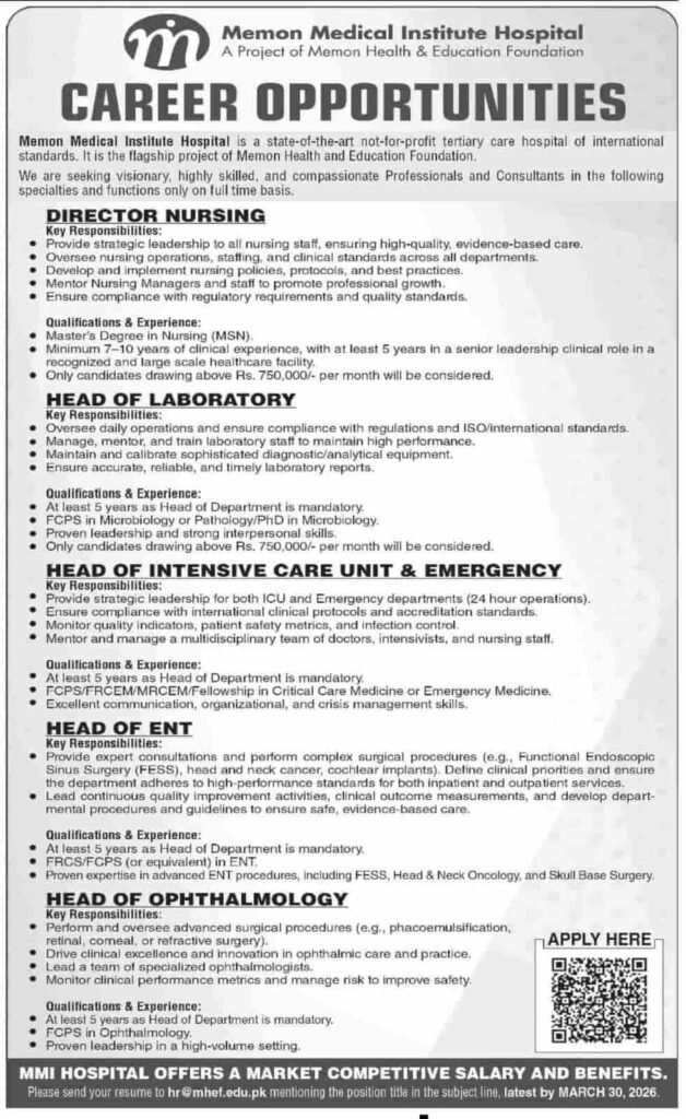 Jobs in Memon Medical Institute Hospital 2026
