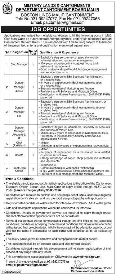Jobs in Military Lands Cantonments Malir 2026