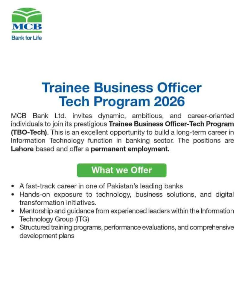 Jobs in Muslim Commercial Bank (MCB) 2026 for TBO-Tech