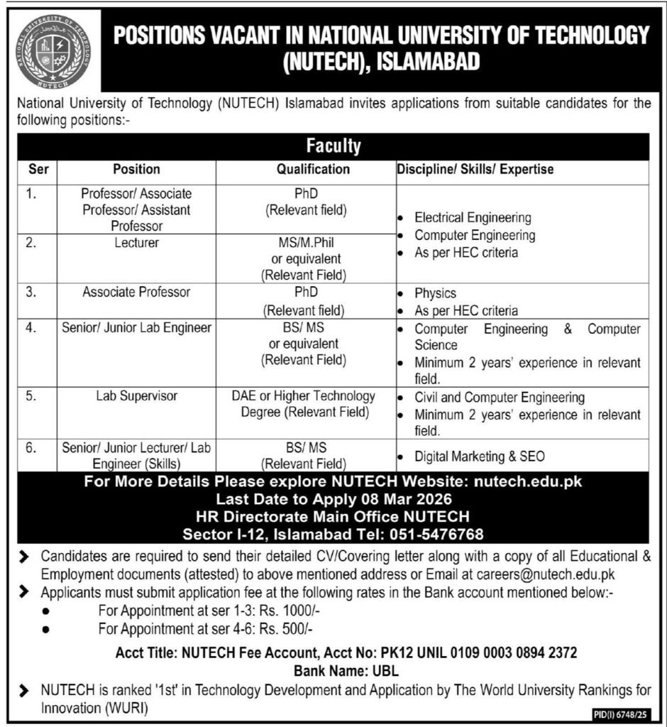 Jobs in National university of Technology NUTECH 2026