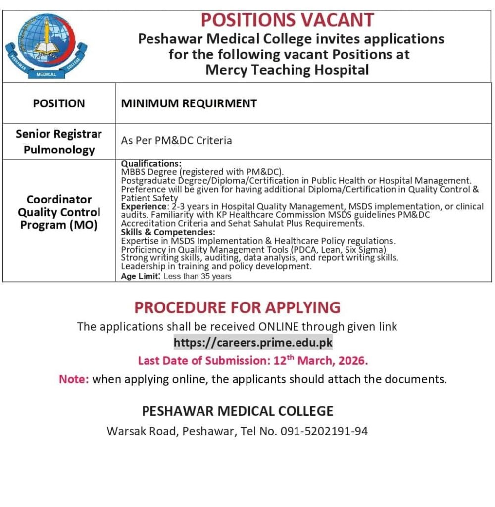 Jobs in Peshawar Medical College 2026