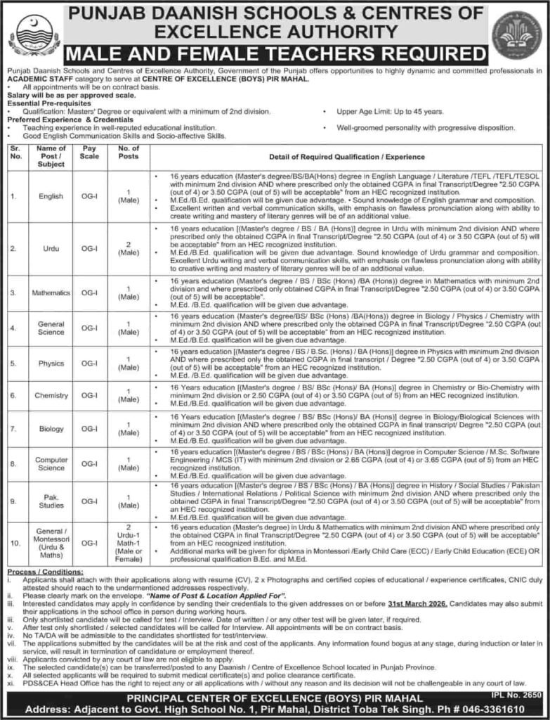 Jobs in Punjab Daanish Schools 2026