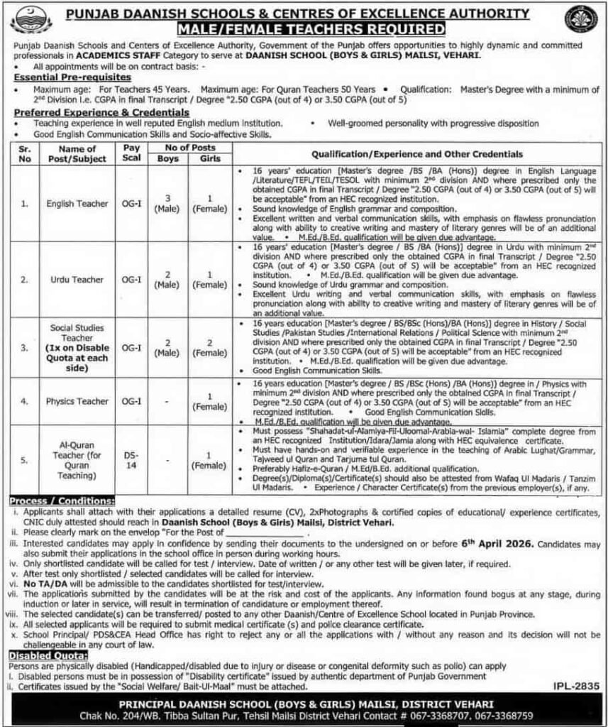 Jobs in Punjab Daanish Schools Mailsi 2026