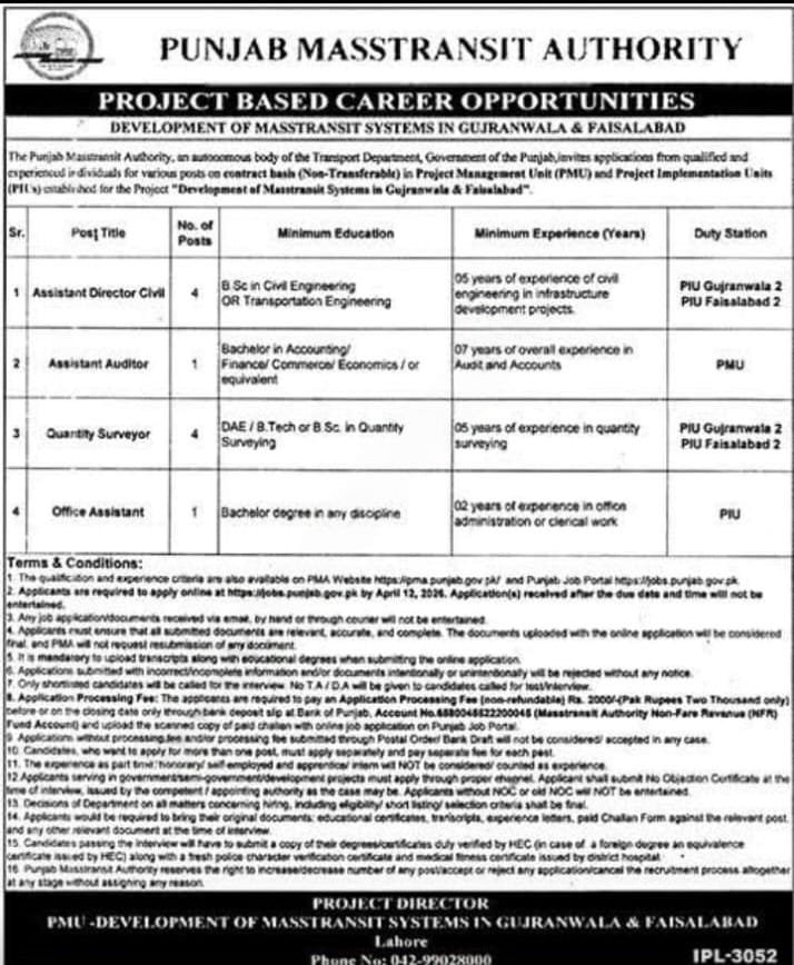 Jobs in Punjab Masstransit Authority 2026