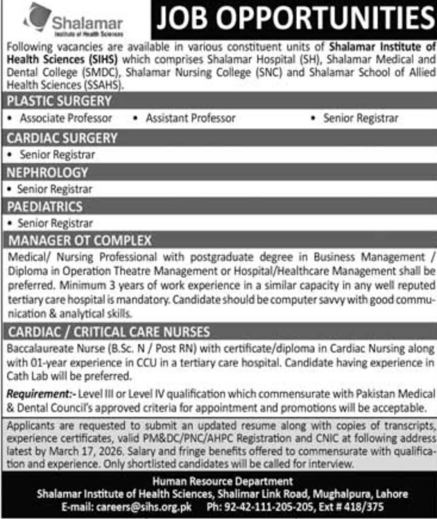 Jobs in Shalamar Institute of Health Sciences 2026