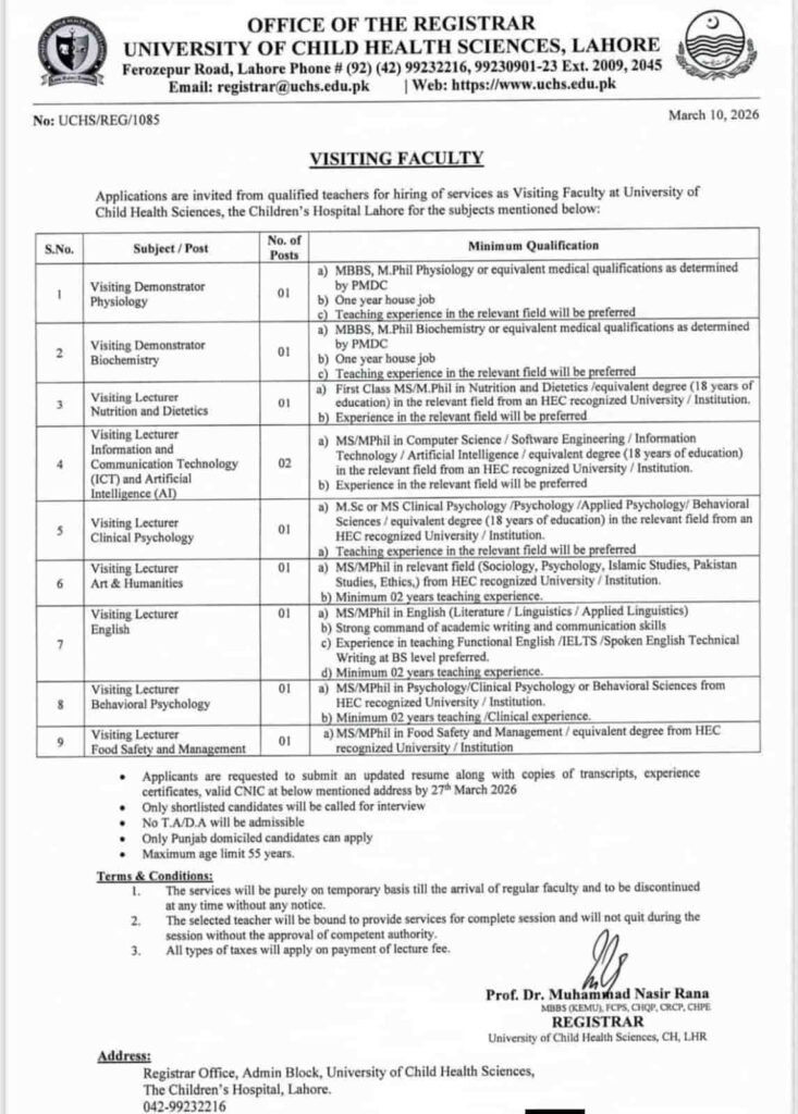 Jobs in University of Child Health Sciences 2026