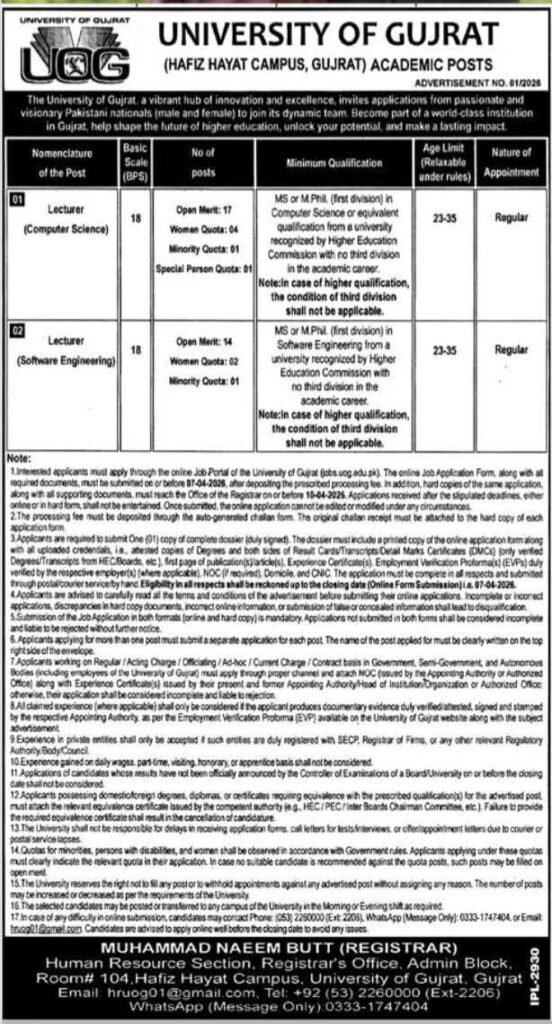 Jobs in University of Gujrat 2026 for Lecturer in Computer Science and Sofware Engineering