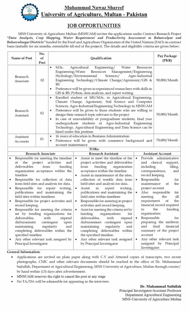 MNS University of Agriculture Multan Jobs 2026