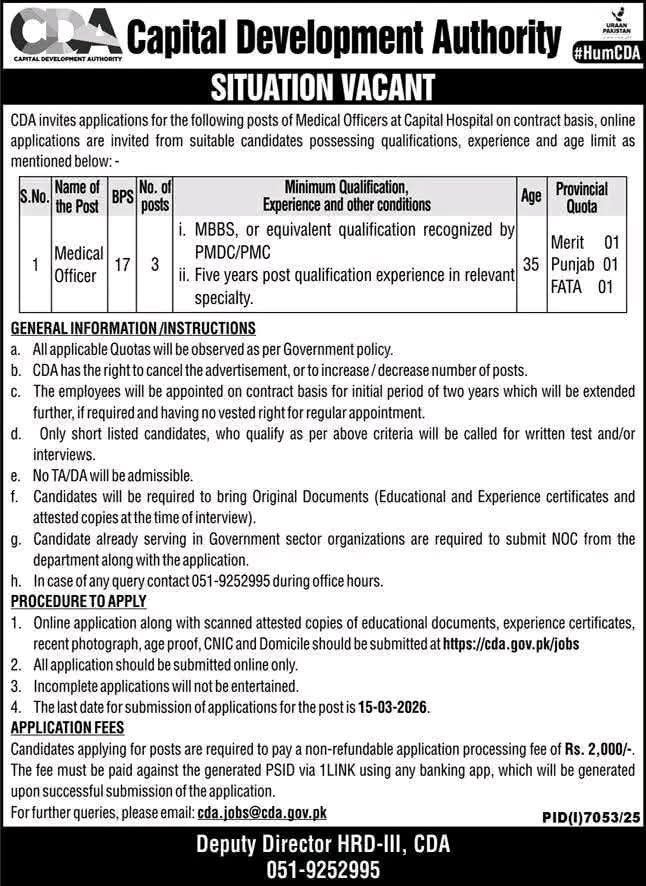 Medical Officer Jobs in Capital Development Authority 2026