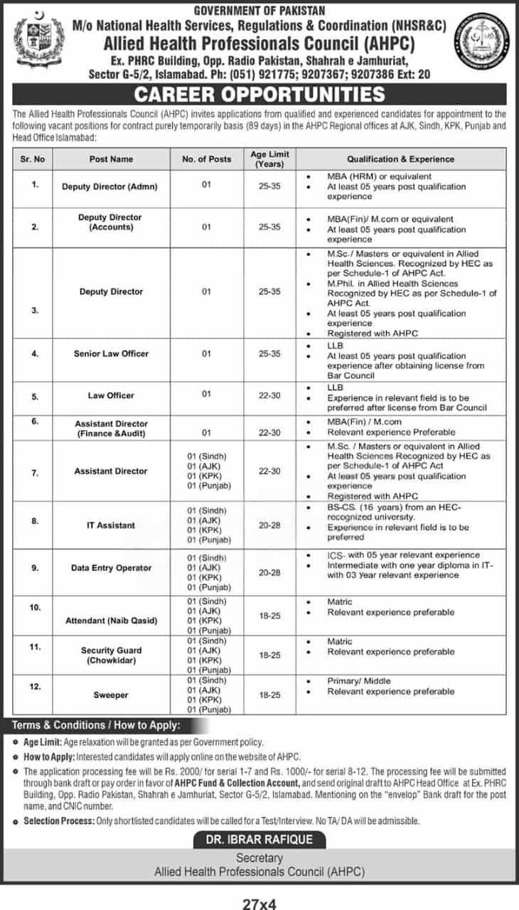 Allied Health Professionals Council (AHPC) Jobs 2026 - Jobs of Pakistan