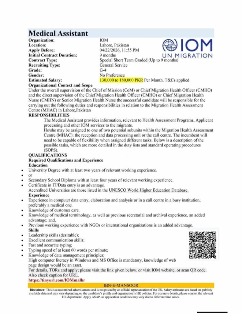 Medical Assistant Jobs in IOM UN Migration Pakistan 2026