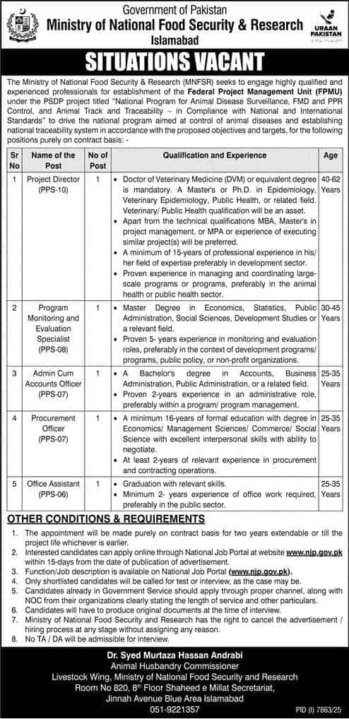 Multiple Jobs in Ministry of National Food Security and Research 2026