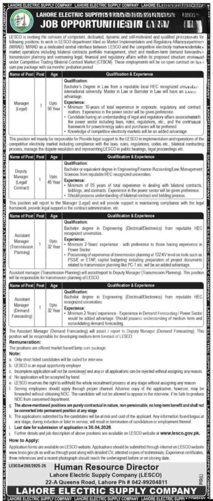 Lahore Electric Supply Company LESCO Jobs 2026