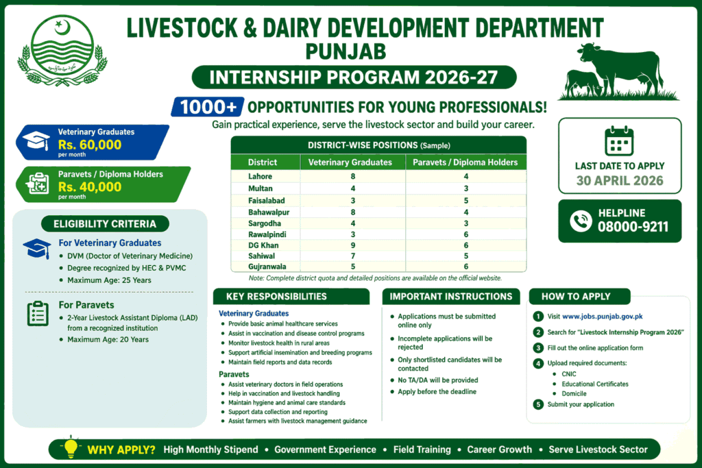 Livestock Department Punjab Jobs 2026 – Internship Program