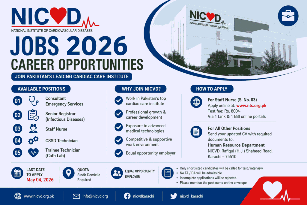 NICVD Karachi Jobs 2026 – Latest Healthcare Opportunities