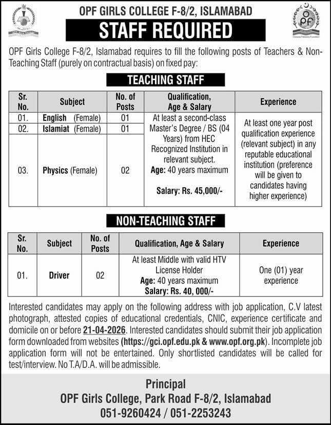 OPF Girls College Islamabad Jobs 2026
