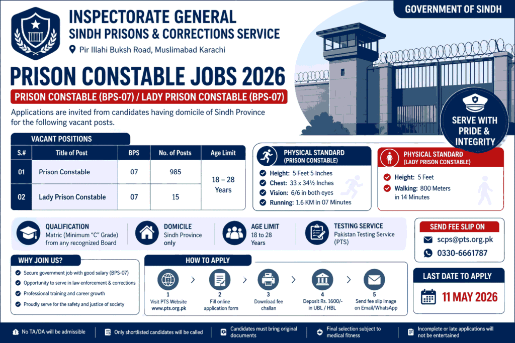 Prison Constable Jobs 2026 in Sindh – Apply Online via PTS
