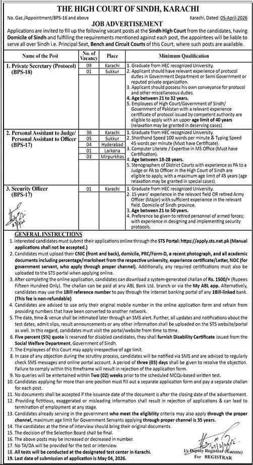 Multiple Sindh High Court jobs are announced for Private Secretary, Personal Assistant to Judge/Officer & Security Officer