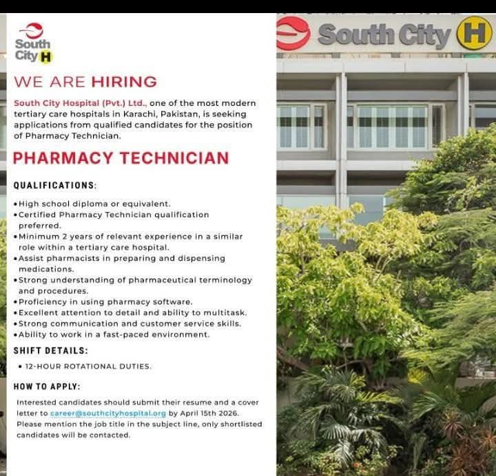 South City Hospital Karachi Jobs for Pharmacy Technician 2026