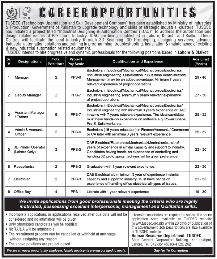TUSDEC Jobs 2026 - Ministry of Industries & Production