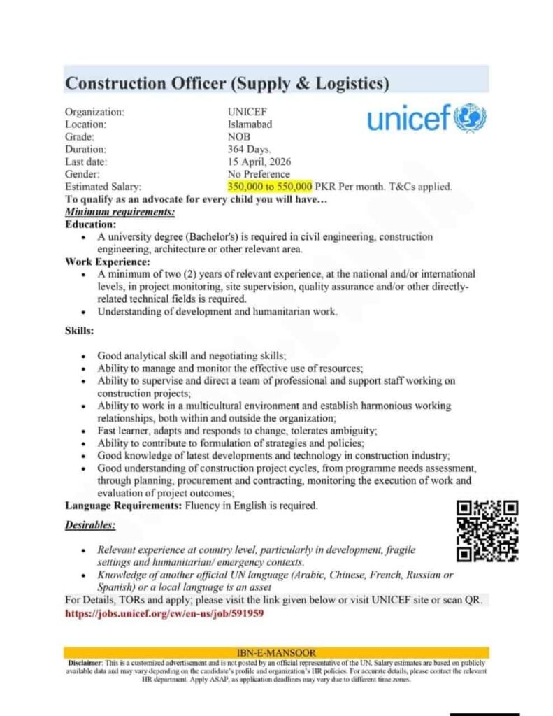 UNICEF Pakistan Jobs for Construction Officer 2026