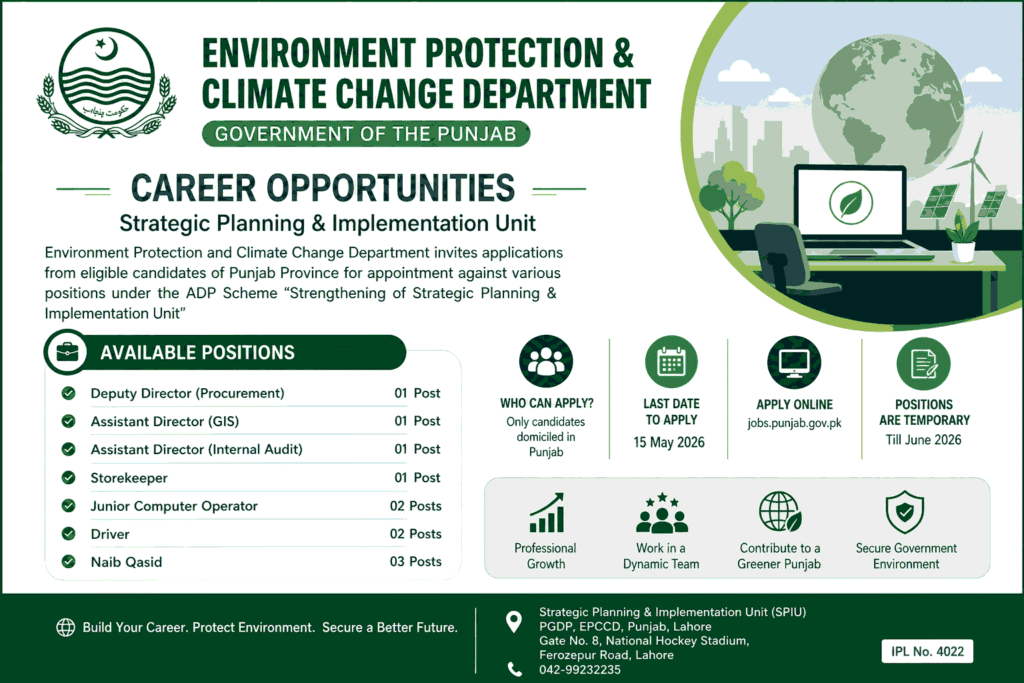 Jobs in Environment Protection & Climate Change Department Punjab 2026