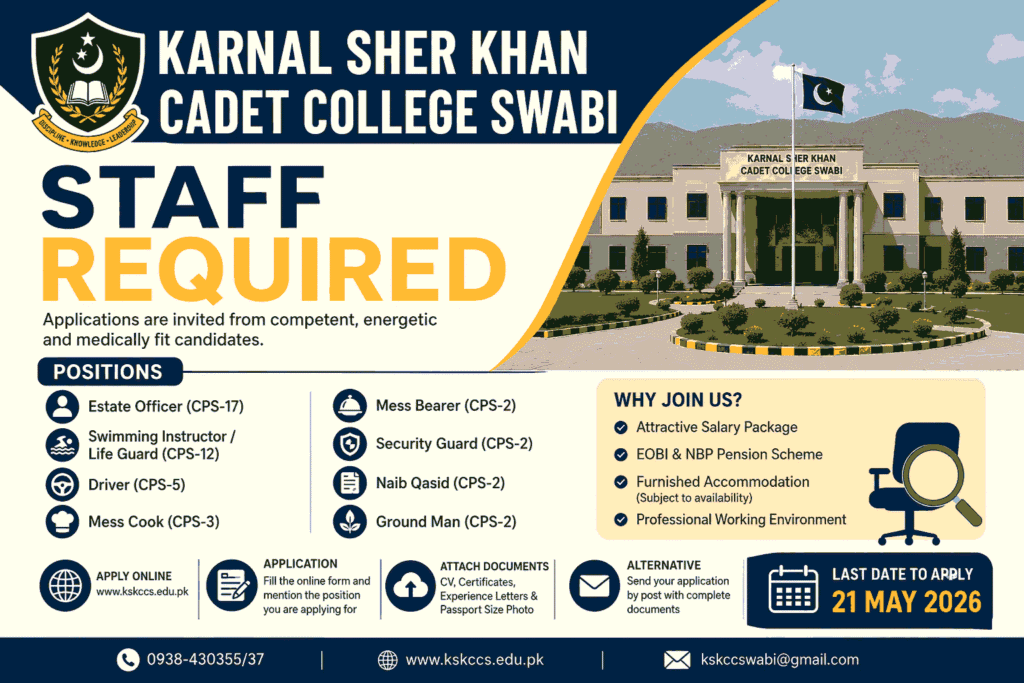 Karnal Sher Khan Cadet College Swabi Jobs 2026