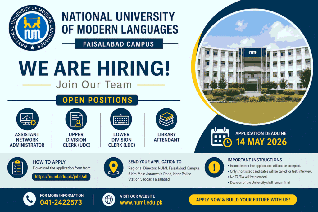 NUML Faisalabad Jobs 2026 Apply Online for Assistant Network Administrator, UDC, LDC & Library Attendant