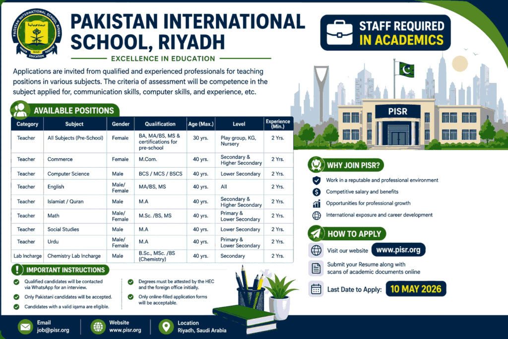 Pakistan International School Riyadh Jobs 2026 Teaching & Academic Staff Required