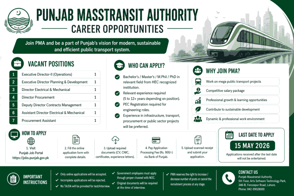 Punjab Masstransit Authority Jobs 2026 PMA Lahore Latest Careers