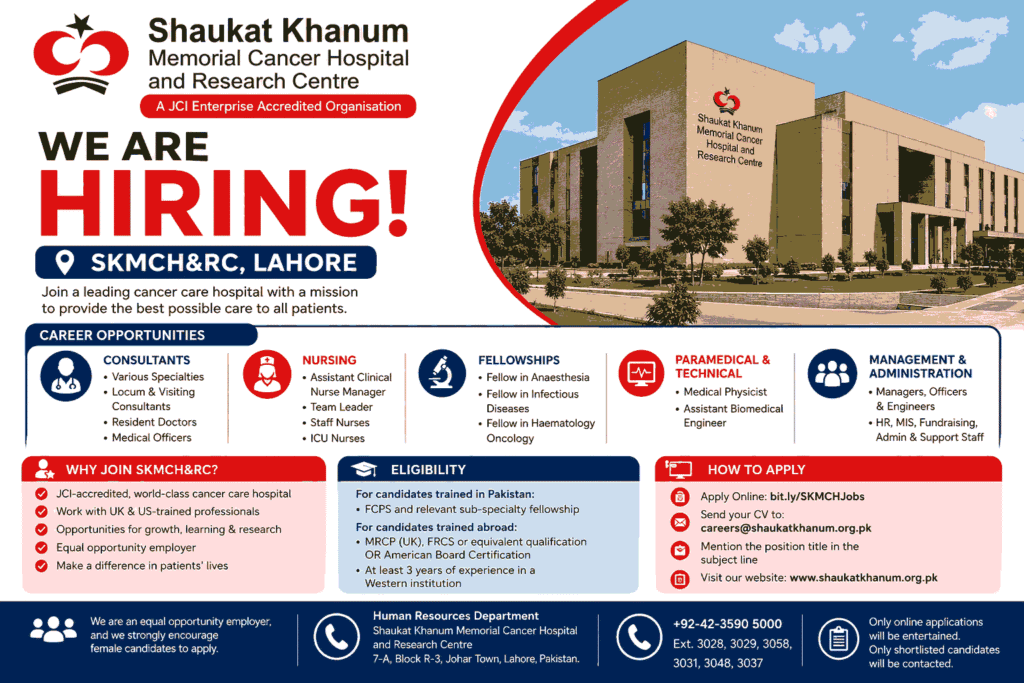 Shaukat Khanum Memorial Cancer Hospital and Research Centre Jobs 2026 – Lahore Careers - Shaukat Khanum Hospital Jobs